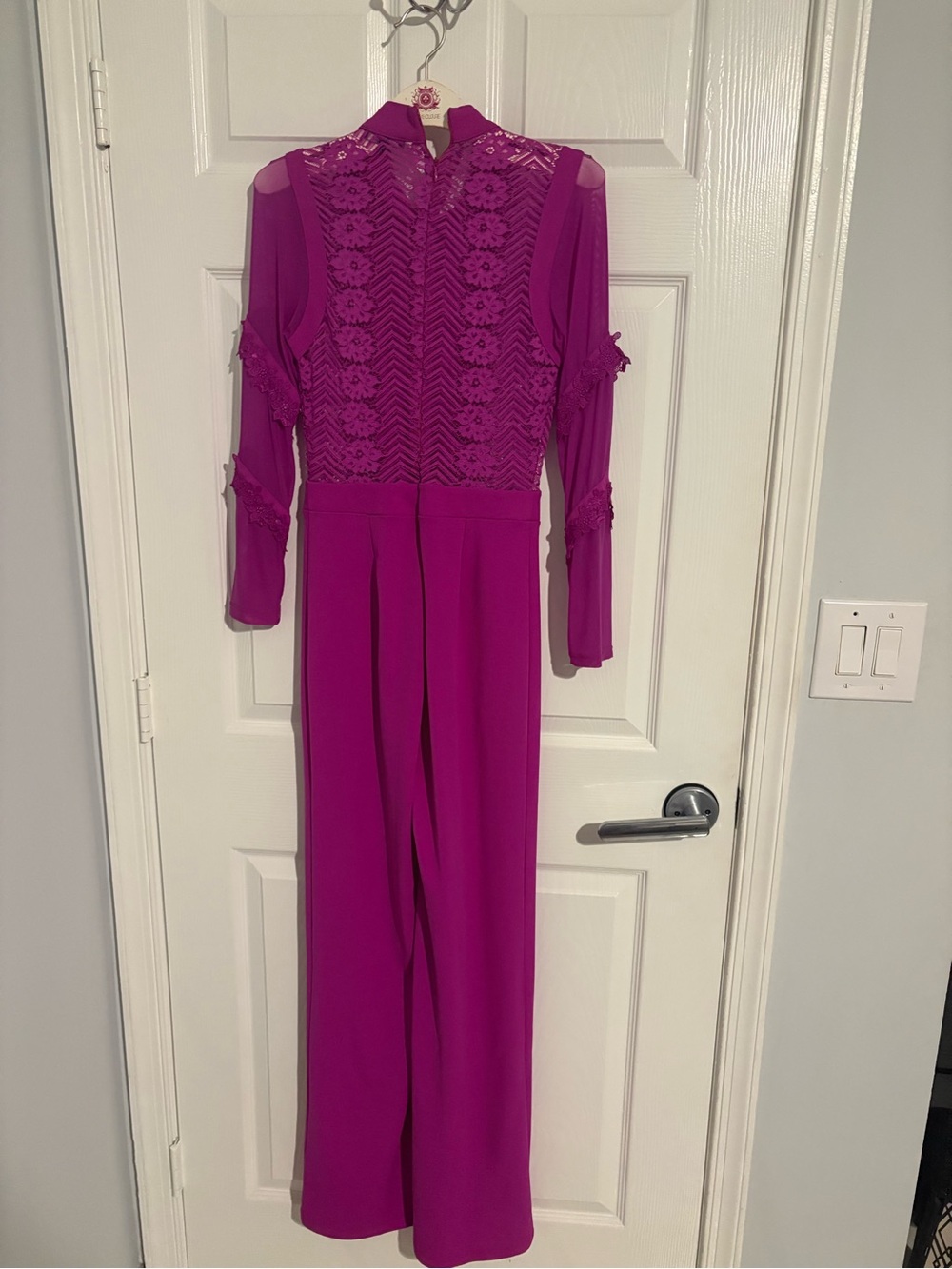 Women's Lace-Detail Cold-Shoulder Jumpsuit in Magenta